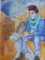 A young man and a white dog sitting in front of a sign with a futuristic landscape in the background